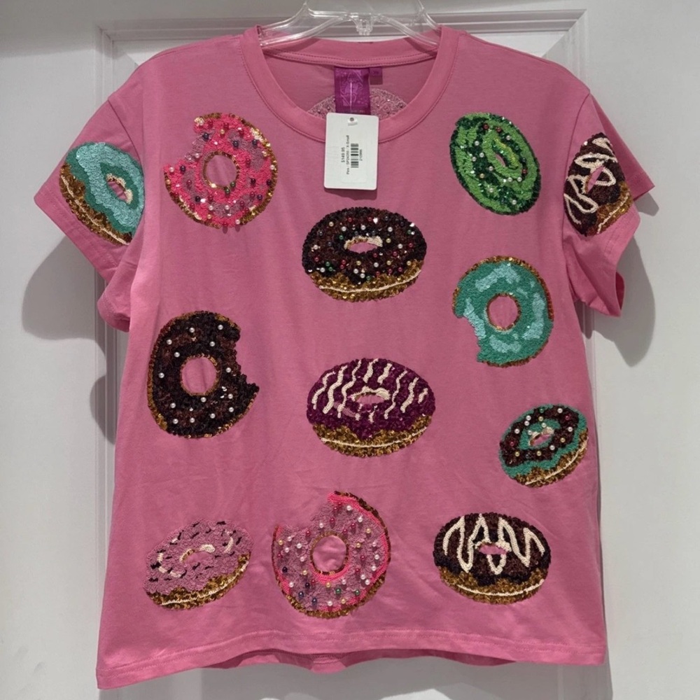 QUEEN OF SPARKLES Pink Tee with Sequin Donuts